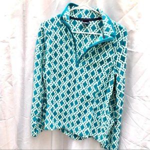 Lands End fleece teal turquoise aqua white lattice medium zipper